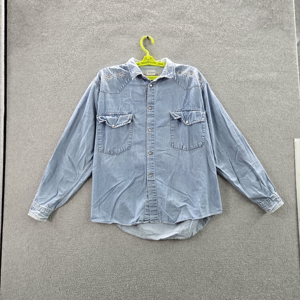 Green Mountain Men Button Up Shirt Light Blue Denim Embroidered Western